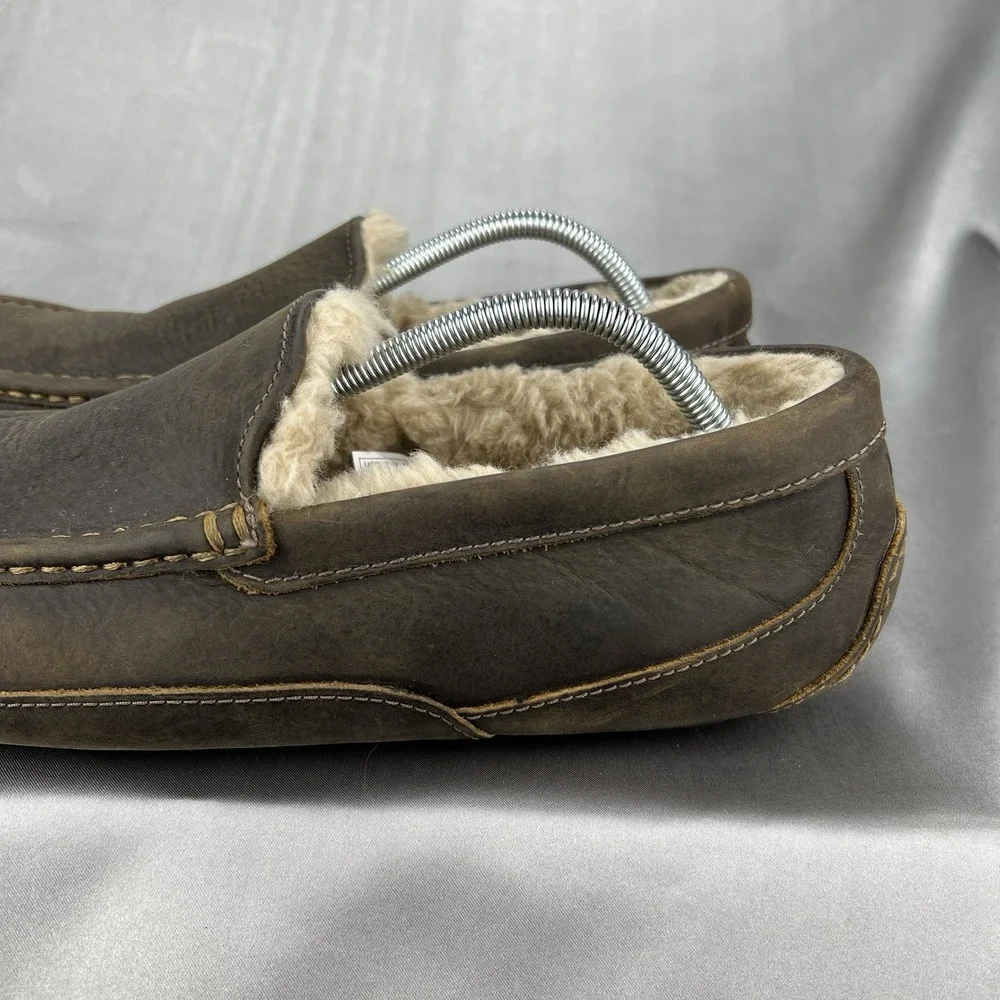 UGG Ascot Leather Wool Slippers Loafers Men's 12 Dark Brown‎ Driving S/N 1103889